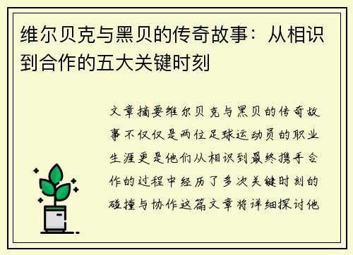 维尔贝克与黑贝的传奇故事：从相识到合作的五大关键时刻