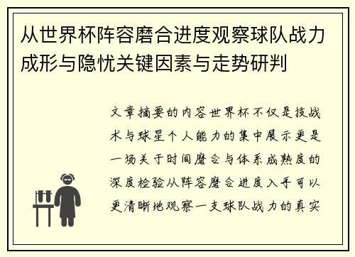 从世界杯阵容磨合进度观察球队战力成形与隐忧关键因素与走势研判